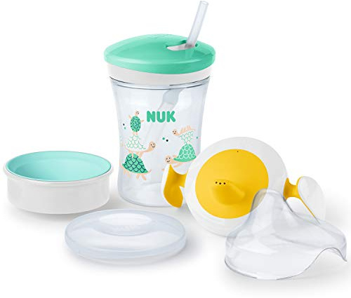 NUK 3-in-1 Trinklernset mit Trainer Cup Schnabeltasse (6+ Monate), Magic Cup 360° Trinklernbecher (8+ M) & Action Cup Trinkflasche Kinder (12+ M) | 230 ml | BPA-frei | Schildkröte (grün)