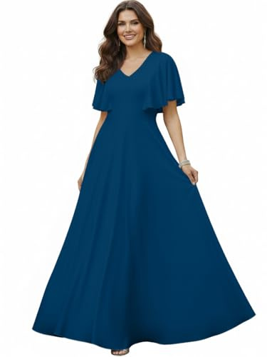 KOH KOH Womens Short Sleeve Ruffle Elegant Modest Dressy Wedding Guest Prom Bridesmaid Cocktail Party Flowy Long Tall Formal Maxi Dress Dresses Gown Gowns, Capri Blue L 12-14