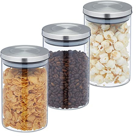 Relaxdays Vorratsgläser 3er Set, 800 ml Nudelglas, luftdicht, Edelstahldeckel, Vorratsdose für Küche, transparent/silber, 15 x 9,5 x 9,5 cm