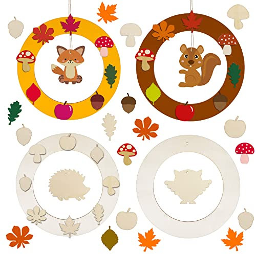 LAMEK 4 Stück Herbst Kranz Bastelset Kinder Holzbastelset zum Bemalen Holz Herbst Kreativsets zum Basteln mit 2 Pinsel Kreative Kunsthandwerk für Jungen Mädchen Herbstzeit Thanksgiving Day