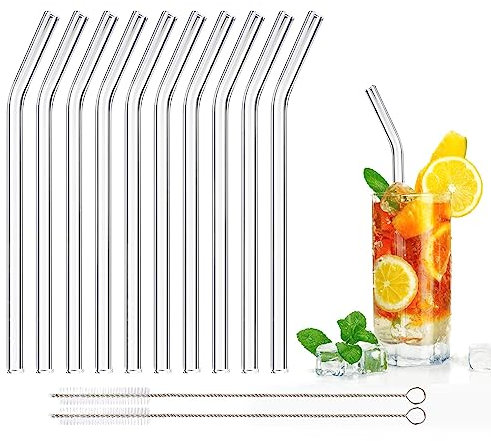 DONQL Cannucce Riutilizzabili Set di 10, Cannucce Vetro Lunghezza 20 cm Riutilizzabile, Lavabili in Lavastoviglie per Cocktail o Bere (Curvato)