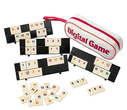 Wisplye Rummy Spiel, Mini Travel Rommé-Spielset mit 106 Spielsteinen, 4 Halterungen und Reisetasche, Familienspiel Gesellschaftsspiel für 2 bis 4 Spieler, Erwachsene und Kinder ab 7 Jahren