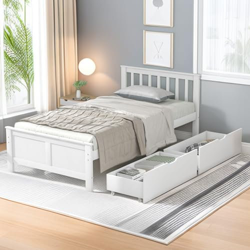 Cama de madera con cabecero y somier, 90 x 200 cm, 2 cajones para almacenamiento, individual, juvenil, para adultos, invitados, infantil, marco