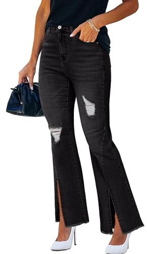 STARBILD Vaqueros Acampanados con Rotos y Bolsillo para Mujer, Jeans Flared Fit High Rise Pantalones Denim, Bajo Deshilachado - Negro S