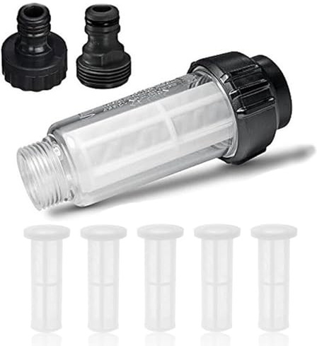 Wasserfilter Gartenschlauch, 3/4 Zoll Wasser Vorfilter mit 5 Stück Filtereinsatz & 2 Schnelladapter,für Hochdruckreiniger, Gartenpumpe, Gartenbewässerung, Haushalt, Wohnmobil (Schwarz)