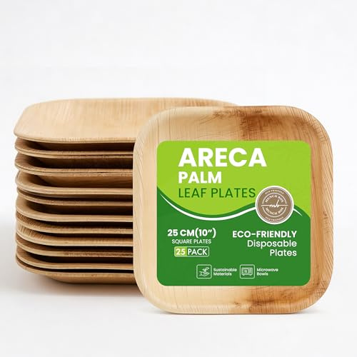 MUNCH BOX Disposable Plates, 10 Square Areca Palm Leaf Plates Eco-Friendly – Biodegradable, Compostable, Microwave Like Wooden, Bamboo Bowls for Party, Hot Food, Soups, and Events (25 Pcs)