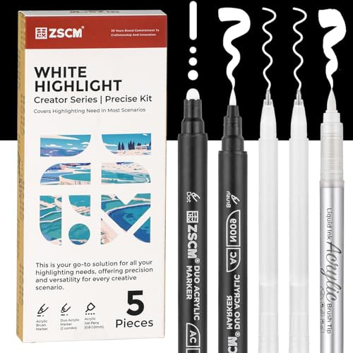 ZSCM - 5 lápices acrílicos blancos para dibujar, bolígrafos de gel acrílico Fine Point, mate, para dibujar en papel negro, bocetos, ilustraciones, creación de tarjetas