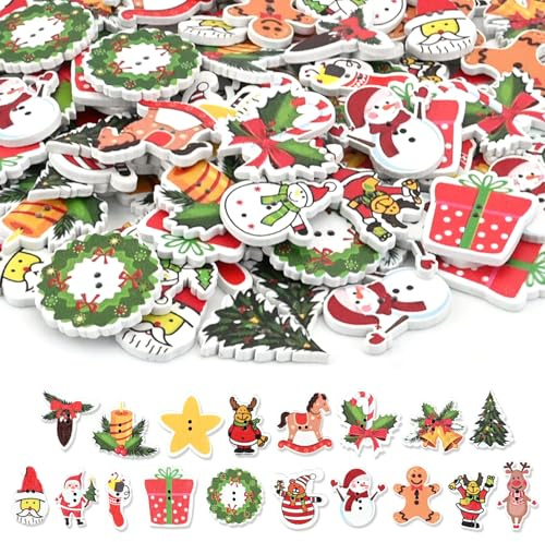Botones de madera para manualidades, 2 agujeros, 100 unidades, pintados a mano, 20-30 mm, madera ecológica para calendario de Adviento, envoltorio de regalo y manualidades de Navidad
