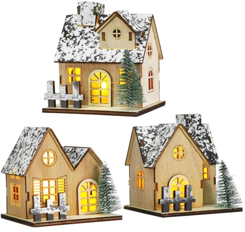 Hemobllo 3 pièces Maisons Miniatures de Noël Bois avec LED Décorations Lumineuses pour Village de Noël Ornements Non pour Centre de Table Festif