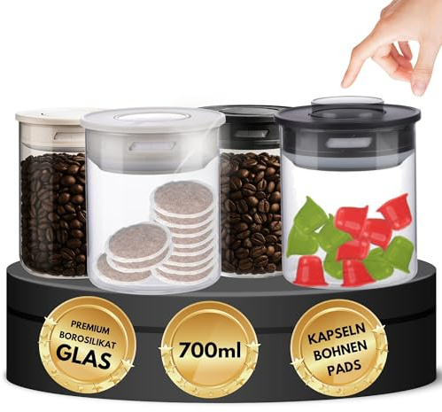 Lot de 4 boîtes à café sous vide - Avec couvercle aromatique - Pour grains de café, dosettes de café, capsules de café - Compatibles avec Nespresso Dolce Gusto Senseo Tchibo