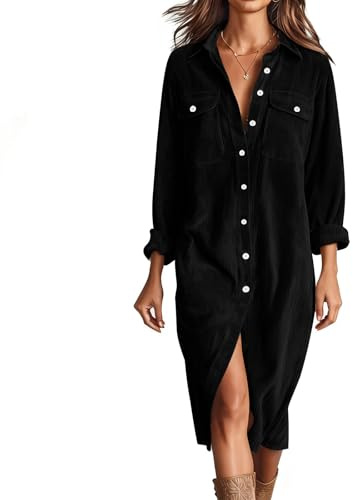 ABLYTMIAQ Women's Corduroy Button Down Midi Shirt Long Dressing Gown Fall Winter Long Sleeve V-Neck Maxi Dressy Dresses Loose Fit Casual Cocktail Wear Black