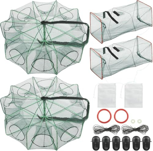 2PCS Fishing Bait Trap Crab Net 10 Holes and 2 PCS Square Crab Crawfish Trap Fishing Trap for Minnow Crawfish Shrimp Crawdad with Rope Large Fishing Net for Bait Fish
