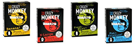 The Crazy Monkey Kondome - Für Dschungel-Könige - Probierset 4 x 3 Stück - 12 Kondome mit verschiedenen Aromen, Oberflächen, Farben und Größen - Made in Germany