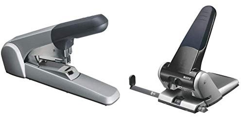 Leitz 55520084 Starkes Flachheftgerät (60 Blatt, für dicke Papierstapel, Metall mit Kunststoffgehäuse) silber & 5180 Extrastarker Registraturlocher (Langer Hebel Stanzleistung, 65 Blatt) schwarz/grau