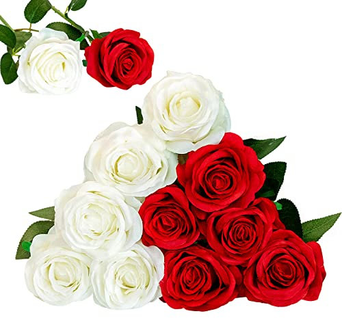 Floralsecret 12 Pièces Roses Artificielles Bouquet de Fleurs Faux Soie Fleurs Home Wedding Party Decor(Blanc, Rouge)
