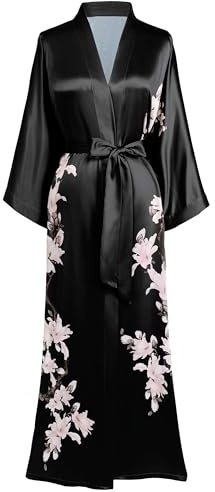 BABEYOND Bata para mujer, kimono, flores y ramas, estampada, maxi largo, para mujer, albornoz con flores de pera, chaqueta de playa, novia, despedida de soltera, Negro , talla única grande