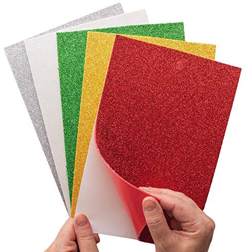 Baker Ross AX305 Christmas Glitter Foam Sheets - Pack of 10, Self Adhesive Creative Art Supplies for Kids, Seasonal Crafts and Decorations