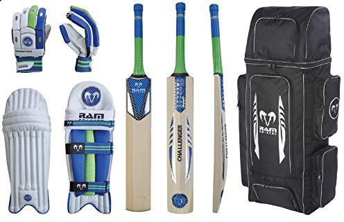 Ram Cricket Challenger Player Bundle – Complete Junior Size 6 Cricket Set with Kashmir Willow Bat, Leather Gloves, Ambidextrous Pads & Duffle Bag | Perfect for Club, School & Casual Play.