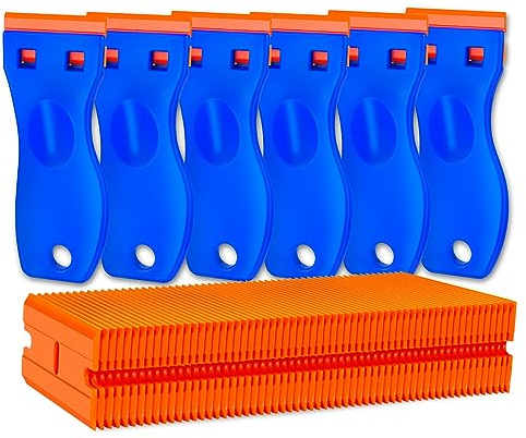 Plastic Razor Blade Scraper Tool, 6 Pcs Razor Scraper with 60 Pcs Plastic Blades, Cleaning Scraper Remover for Removal Floor Stove Scraping Labels and Decals Sticker on Car Window Glass