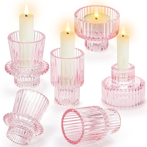 Yopay 6 Pack Glass Votive Candle Holders, Decorative Tealight Holder for Taper Candle, Versatile Thick Candlestick Holder for Table Centerpieces, Valentines, Christmas, Wedding Boho Decor