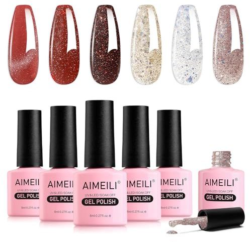 AIMEILI Gel-Nagellack-Set, 6-teilig, glitzernd, rot, Soak-Off, UV/LED, für Salon und DIY, leicht anzuwenden, 8 ml, Geschenk-Set