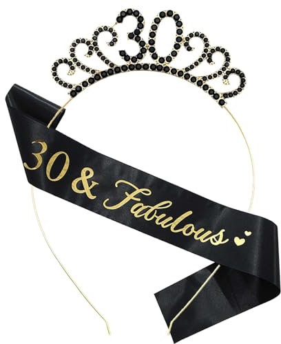 MIOSJI 30th Birthday Sash and Crown Crystal Tiara for Women, Party Hats, Decorations, Gift Accessories - Black Gold