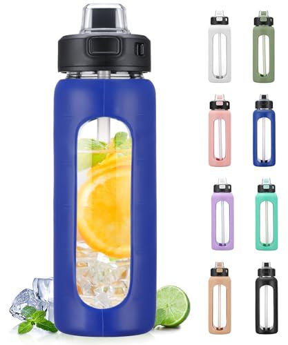 BLUEGO 700ml Glass Water Bottle with Handle and Straw Drinking Hydration Bottle with Silicone Sleeve and Time Marking Motivational Water Bottle for Gym Sports Outdoor Leak-proof,Dark Blue