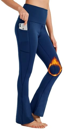 BAYGE Pantalón Térmico Mujer Bootcut Invierno Cintura Alta Forro de Forro Polar Impermeable Opaco Control de Abdomen Slim Fit Leggings Pantalón de Deporte Acampanado con Bolsillos, Azul, XS