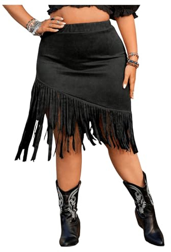 MakeMeChic Women's Plus Size Suede Fringe Cowlgirl Skirt Elastic High Waist Bodycon Short Skirts Black X-Large Plus