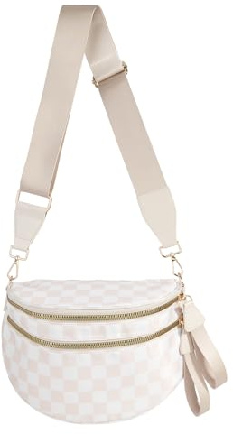 Black and White Checkered Crossbody Bum Bag for Women,Spacious Checkered Purse Fanny Packs Belt Bag Sling Bag with Shoulder Strap (Beige Checkered)