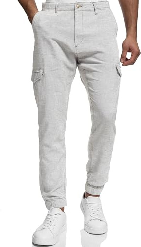 Indicode Herren Booth Cargohose aus Leinen & Baumwolle mit 6 Taschen | Stoffhose für Männer Lt Grey, M