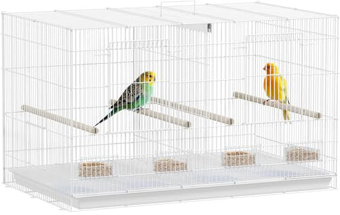 PawHut Gabbia per uccelli con divisorio Voliera con 4 mangiatoie 4 posatoi e vassoio rimovibile Gabbia per pappagalli per canarini parrocchetti 76x46x46 cm Bianco