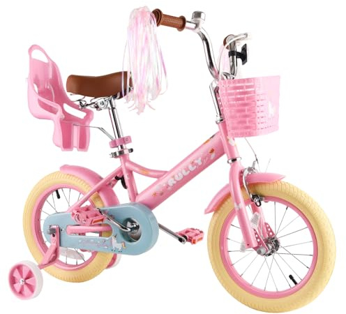 RULLY 12 Inch Kids Bike for 2 3 4 Years Girls with Training Wheels & Front Handbrake, Kids Bicycle with Basket Bike Streamers Toddler Cycle Bikes, Pink