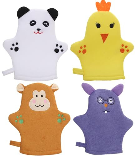 4-teilige Baby-Waschlappenhandschuhe süße Tierhandschuhe Körperschrubber inklusive Cartoon-Bär Küken Affe und Maus Peelinghandschuh für Kleinkinder Kinder Bad und Dusche