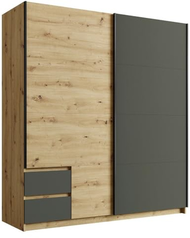 Armoire 180cm avec 2 Portes coulissantes et 2 tiroirs Coloris chêne et Gris Anthracite. Collection Arielle