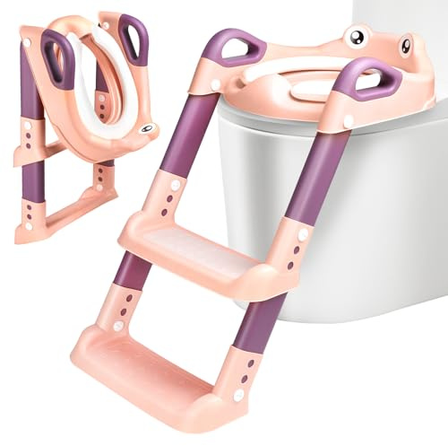 Adaptador WC Niños con Escalera, Reductor WC Niños con Cojín Acolchado PU, Asiento Inodoro Infantil Plegable, Altura Ajustable y Antideslizante, para Niños (Rosa, Púrpura)