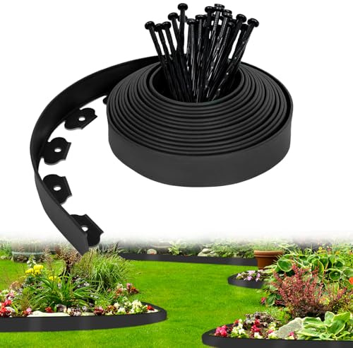 INHEMING Bordo per prato, 5 m x 5 cm, bordo in plastica rinforzata nera, bordo per prato con 15 picchetti di fissaggio resistenti