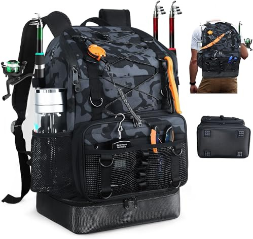 SKAITU Fishing Backpack with Rod Holder, Heavy Duty Fishing Bag with Waterproof Bottom, Tackle Backpack Gifts for Man Woman