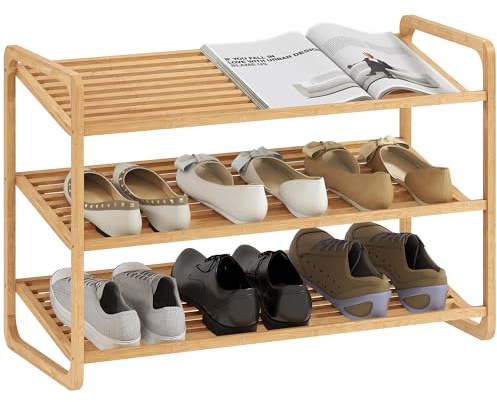 HOMCOM Scaffale Scarpiera a 3 Livelli a Doghe in Bambù, Mobile Scaffale con Ripiani per 12 Scarpe per Ingresso e Camera da Letto, 76x33x50.8 cm, Colore Legno Naturale