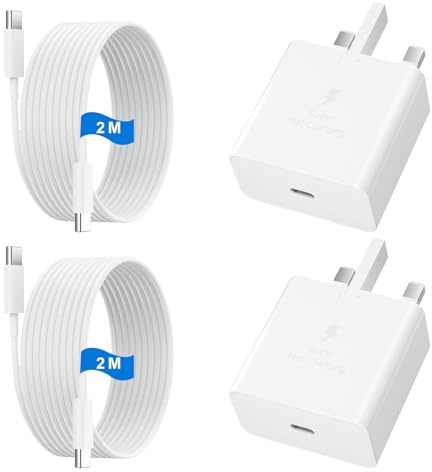 USB C Charger for Samsung Fast Charger USB C Plug & Cable 2M Long 25W Type C Super Fast Phone Charging Android Adaptor UK 2-Pack for Galaxy S25 Ultra/S24/S23/S22/S21/A56/A36/A17/A16/Note 20/10 White
