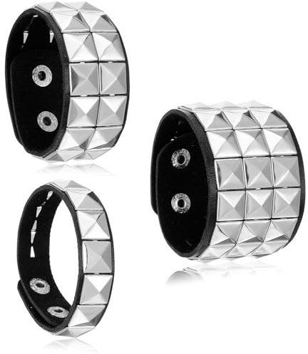 LXUEJIE 3 Pcs Studded Bracelet, Halloween Leather Punk Bracelet Spiked Studded Bracelets Gothic Bracelets Adjustable Cuff Braceletss Set for Rocker Outfits 80s 90s Costume Accessories