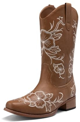 DREAM PAIRS Women's Cowboy Boots Square Toe Embroidered,Tan,5