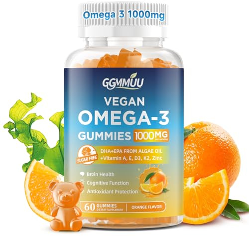 GGMMUU Vegan Omega 3 Gummies 1000MG Algal Oil Omega 3 Supplement for Adults with Algae DHA 600mg & EPA 300mg Fish Oil Alternative - for Eye & Immune Health, No Fish Taste, Orange Flavor, 60 Count
