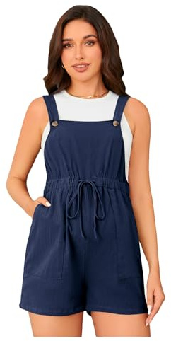 OYOANGLE Women's Maternity Button Sleeveless Drawstring High Waist Short Overall Casual Romper with Pocket Dark Blue Large