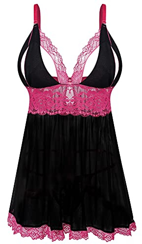 EVELIFE Babydoll Mujer Sexy Conjunto de Lencería Tallas Grandes Camisón de Encaje Tanga Ropa Interior Dormir Vestido(Negro XXL)