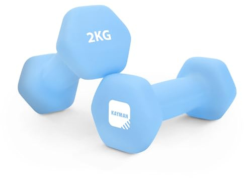 KAYMAN Neoprene Dumbbell Pair with Anti-Slip Grip, Hex Edges, Water-Resistant Surface & Free Workout Poster Guide - Weight Set for Home, Gym & Fitness Training Equipment - Unisex (2kg - Light Blue)