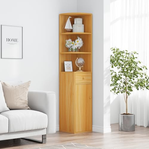 BELIFEGLORY Corner Bookcase Cabinet, Free Standing Corner Bookshelf with 1 Drawer and 1 Door, Wooden Display Storage Cabinet for Bedroom Living Room, Home Office Shelving Organizer Unit (Oak)