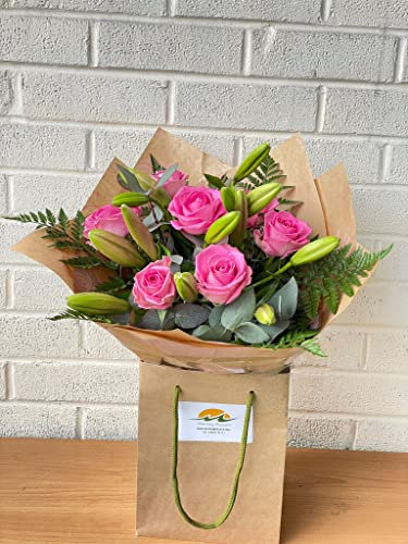 Pretty Pink Rose and Lily Fresh Flower Bouquet Gift Bag – Handcrafted Summer Floral Arrangement for Birthday, Anniversary, Get Well, Thank You and any Occasions Delivery