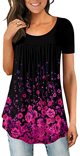 Magritta Women Tunic Tops Summer T Shirt Blouse Floral Printed Plain Vintage Tunics Shirt Short Sleeve Crew Neck Ladies Tops Black Rose Large