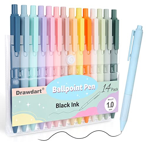 Drawdart 14-Pack Ballpoint Pens, Medium 1.0mm Black Ink Cute Pastel Office Pen, Retractable - For Smooth Writing, Note Taking and Journaling
